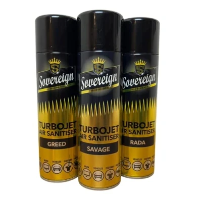 Image of Sovereign Aerosols 3 x Designer Fragrances Savage Greed RADA Car Home Office Gym Turbojet Air Sanitiser Freshener Blast Spray Cans 500ml Bundle