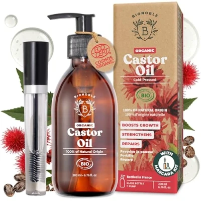 Image of Bionoble Organic Castor Oil 200ml 100% Pure, Natural, Cold Pressed Lashes, Eyebrows, Body, Hair, Beard, Nails Vegan and Cruelty Free Glass Bottle + Pump Mascara Kit
