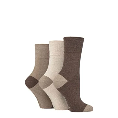 Image of Women&#039;s 3 Pair Gentle Grip Cotton Patterned and Striped Socks Contrast Heel Toe Brown / Neutral 4 8 Ladies