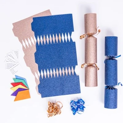 Image of evelay 12 Make Your Own Christmas Cracker Kit DIY Navy &amp; Rose Gold Glitter Crackers Hats Snaps Jokes (Navy, Gold)