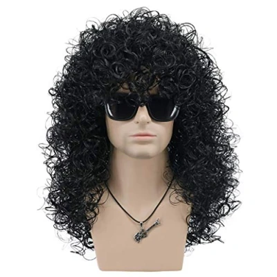 Image of VGbeaty Mens Slash Long Curly Black Hard 70s 80s Rocker Wig Halloween Costume Cosplay (Black)