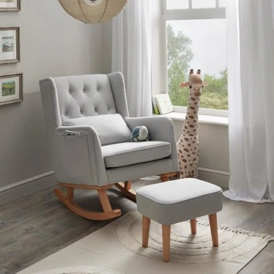 Image of Babymore Pure Comfort Lux Nursing Chair with Footstool Gentle Rocking Chair, Convertible Wing having Storage Pockets Chic Fabric &amp; High Density Padding Included Lumbar Cushion (Grey)