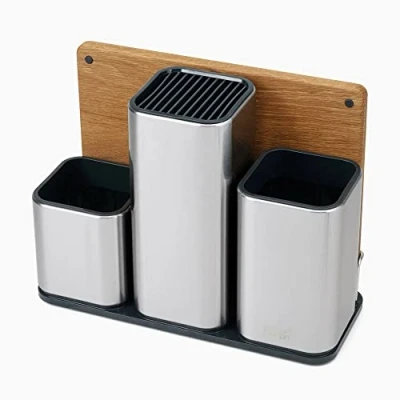 Image of Joseph Counterstore Utensil &amp; Knives Storage Pot and wooden Chopping Board Set, Worktop organiser Stainless Steel