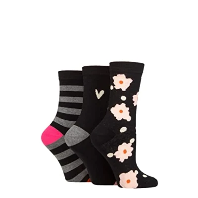 Image of Women&#039;s 3 Pair Caroline Gardner Patterned Cotton Socks Flower and Spot Black 4 8 Ladies