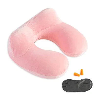 Image of Inflatable Travel Pillow 100% Soft Velvet Neck Support for Traveling, Airplanes, Trains, Cars, and Offices with Compact Carrying Bag, Breathable Washable Cover, Ideal Adult Sleepers (Pink)