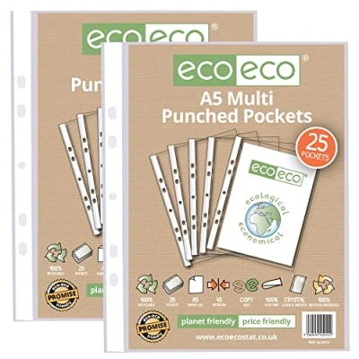 Image of eco A5 100% Recycled Multi Punched Pockets Glass Clear, Transparent Poly Wallet Sheet Protector, 45 Microns (50 Pockets), eco012x2
