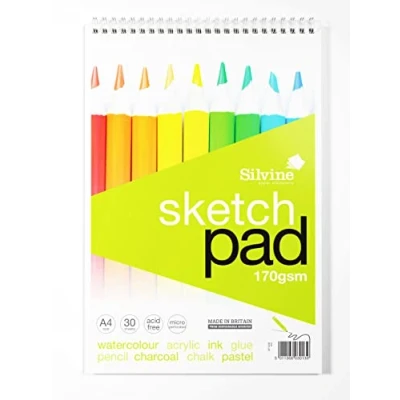 Image of Silvine A4+ Wirebound Sketch Pad. 60 Pages (30 Sheets) 170gsm Smooth Cartridge Paper. Ref 472