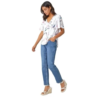 Image of Roman Originals Womens Floral Short Angel Sleeve Top Ladies Fashion Smart Casual Formal Party Gatherings Special Occasions Summer Holiday Work Wear Tops Ivory Size 20