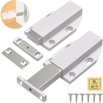 Image of Magnetic Push Latch Heavy Duty Jiayi to Open Cabinet Hardware Touch Latches for Large Door Release Kitchen Drawer Catch Press Out (White, 2 Pack)