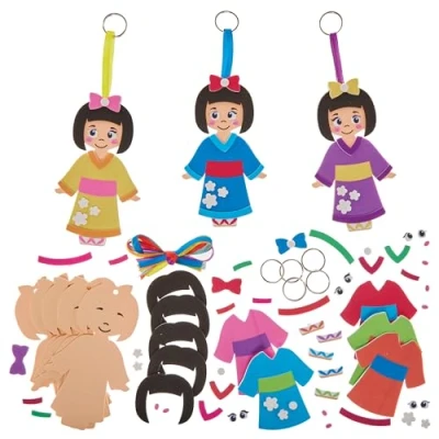 Image of Baker Ross FN030 Kimono Girl Mix &amp; Match Bag Dangler Kits Pack of 8, Keyring Craft for Kids