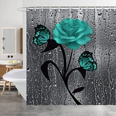 Image of Minicoco Shower Curtain Mould Proof Mildew Resistant Bathroom Curtains Waterproof 100% Polyester Green with 12 Hooks, 180 x cm (Flower)