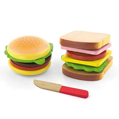 Image of Viga Wooden Hamburger &amp; Sandwich Set Childrens Pretend Play Food Kitchen Toy, 2