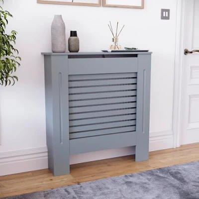 Image of Vida Designs Milton Small Dark Grey Radiator Cover Modern Slatted Heating Cabinet, Easy DIY Fit, Ideal for Living Room, Hallway or Bathroom