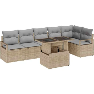 Image of vidaXL 7 Piece Garden Sofa Set with Cushions Beige Poly Rattan