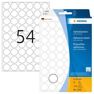 Image of HERMA Dot Stickers White, 1728 Labels, Ø 16 mm, 54 Labels per Sheet, Self Adhesive Round Colour Stickers, Blank Marking Dots, Sticky Circle for Color Coding Calendar