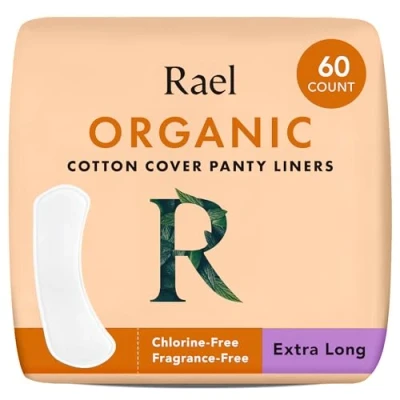 Image of Rael Organic Cotton Cover Panty Liners for Women Light Absorbency, Vegan, Cruelty Free, Hypoallergenic, Unscented, Chlorine Bulk Buy (Extra Long, 60 Count)