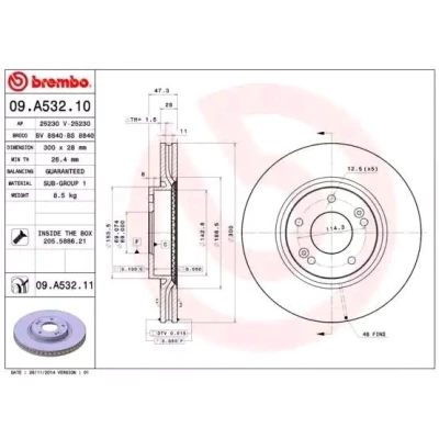 Image of S517123K160 Brake disc BREMBO 09.A532.10 300mm 28mm 5 internally vented HYUNDAI: ix35, i40 Saloon, Estate, KIA: Sportage III