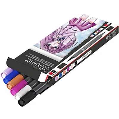 Image of Marabu 0145000000101 Aqua Pen Graphix, Ma Ke Manga, 6 Watercolour Felt Pens in a Set with Brilliant Colour, Water Based Ink, Double Tip, Can be on Paper