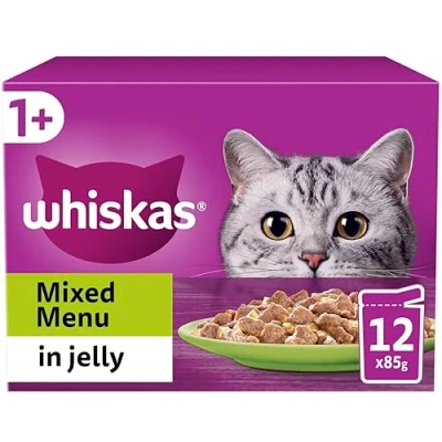 Image of Whiskas 1+ Mixed Selection in Jelly 48 x 85 g Pouches, Adult Cat Food, Pack of 4 (12 g)