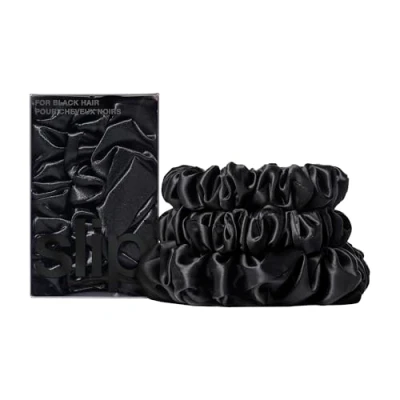 Image of Slip Pure Silk Back to Basics Assorted Scrunchies Black 100% 22 Momme Mulberry for Women Hair Friendly + Luxurious Elastic Set (3 Scrunchies)
