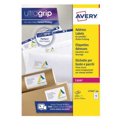 Image of Avery Printable, Customisable Address Mailing Labels, Laser Printers, 12 Labels Per A4 Sheet, 1200 UltraGrip (L7164), White, 100 Sheets