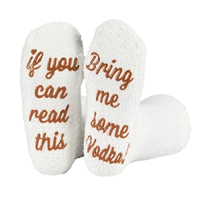 Image of Polar &#039;If You Can Read This&#039; Socks &#039;Bring Me Some Vodka&#039; Gift Packaging Present For Wife Womens Cute Funny Quote Cotton Indoor Thick Warm Thermal Her Cosy Fluffy Novelty