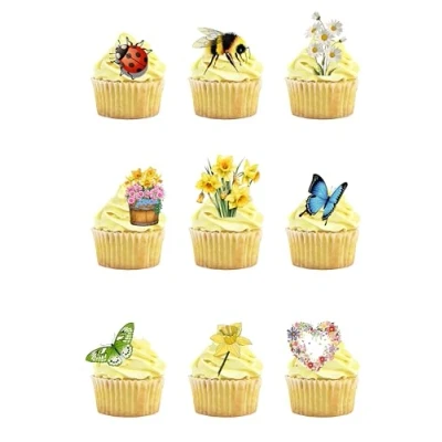 Image of 33 Stand Up SPRING Themed Edible Wafer Paper Cake Toppers Decorations