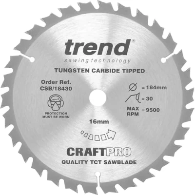 Image of Trend Wood Circular Saw Blade, 184mm Diameter, 16mm Bore, 30 Teeth, TCT, 2.6mm Kerf, +15 Hook, CSB/18430