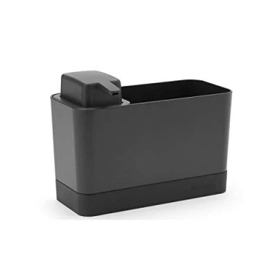 Image of Brabantia Kitchen Sink Organiser Set with Soap Dispenser (Dark Grey) Cloths/Sponge Storage Holder + Refillable Handwash Pump (250ml)