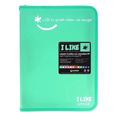 Image of Grafoplás 4800926 Ring Binder with Zip, A4+, Mint Green, 4 25 mm, Like, Polypropylene