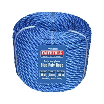 Image of Faithfull FAIRB3080 Blue Poly Rope Coil 8mm Dia x 30M Max Load 100kg, Breaking Strain 800kg