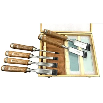 Image of Rolson 56150 8pc Wood Chisel &amp; Stone Set in Walnut Handle