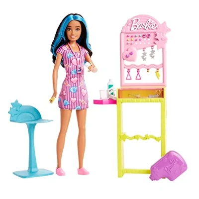 Image of Barbie Toys, Skipper Doll and Ear Piercer Station with Piercing Tool, 10 Pairs of Earrings 5+ Additional Accessories, First Jobs, HKD78