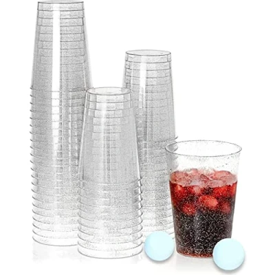 Image of KAHEIGN 50Pcs Clear Plastic Cups, 300ml Silver Glitter Tumblers Reusable Drink Cups Elegant Party Wine Glasses for Cocktail Champagne Beer Martini Soda Dessert (9.5 x 7.5cm)