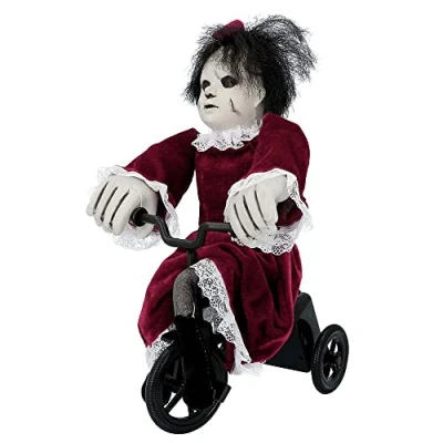 Image of Boland 73048 Interactive Horror Doll on Bicycle, Size 35 x 21 cm, Angry Mathilde, Scary with Sound and Movement, Decoration, Decorative Object, Halloween, Carnival, Theme Party