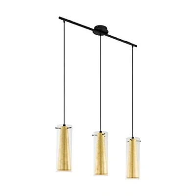 Image of EGLO Pinto Gold Pendant Light, 3 Bulb Metal Dining Room Lamp in Black and Glass Transparent Gold, E27 Socket