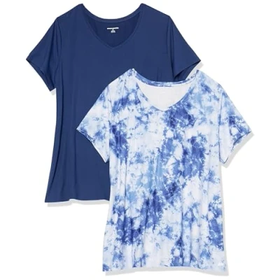 Image of Amazon Essentials Women&#039;s Tech Stretch Short sleeved V neck T shirt (Available in Plus Sizes), Pack of 2, Navy/White Tie Dye, M