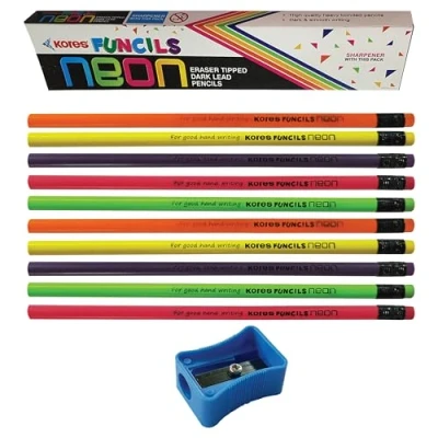 Image of Kores Funcils Neon Writing Pencils, BLACK Bonded Dark Lead Pack of 10, Wood Eraser Tip Pencils Sharpener Pack, Ideal for School Office Home Use
