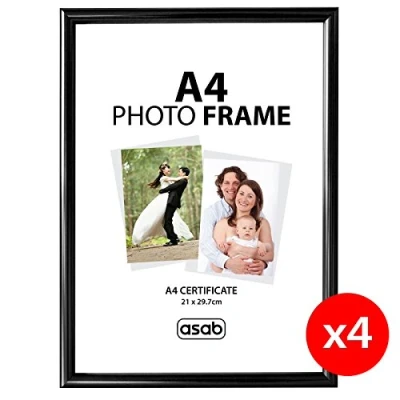 Image of ASAB A4 Frame Wall Hanging Hooks Flat Classic Design Picture with Quick Photo Insertion Clear Acrylic Display for Table Top Home and Office (Black, Pack of 4)