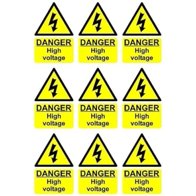 Image of Danger high voltage safety sign Pack of 9 100mm x 66mm Self adhesive stickers on sheet (300mm 200mm)