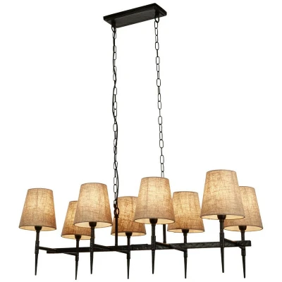 Image of Gothic 8 Light Bar Pendant, Hammered Black, Natural Linen