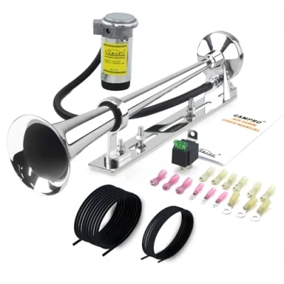 Image of GAMPRO 12V 150db Air Horn, 18 Inches Chrome Zinc Single Trumpet Truck Horn with Bracket for Any Vehicles Trucks Lorrys Trains Boats Cars