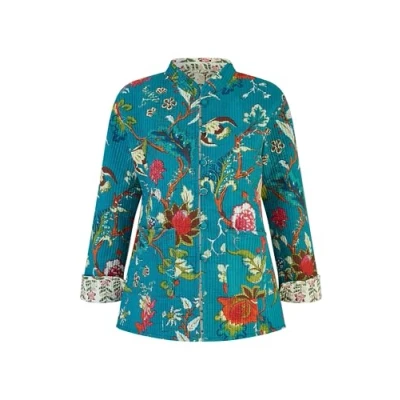 Image of Yumi Womens Teal Floral Print Reversible Cotton Quilted Jacket Size 12 UK