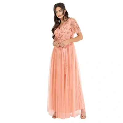 Image of Maya Deluxe Women&#039;s Maxi Dress Ladies Ball Gown for Wedding Guest Embellished Tie Waist V Neck Bridesmaid Prom Evening Occasion, Apricot Blush, 10