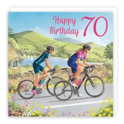 Image of Hunts England Cycling Fun 70th Birthday Card Milo&#039;s Gallery Age 70 Cyclist Female For Year Old Bike Fan Seventy Her