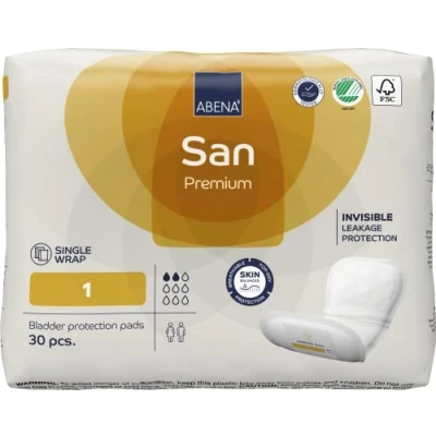 Image of Abena San 1 Premium Incontinence Pads Women and Men. Suitable to be Used as Sanitary Pads, Men, Postpartum Panty Liners, for 200ml Absorbency 30 Pack