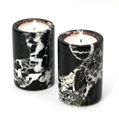 Image of Set of 2 Black Marble Cylinder Tea Light Candle Holders