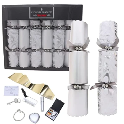 Image of Toyland® 6 Large Exquisite Silver &amp; Marble Effect Design Christmas Crackers Gifts, Hats, Mottos Snaps Included