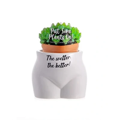 Image of Boxer Gifts Wetter The Better Novelty Body Shaped Plant Pot Funny Rude Home Décor Gift, Ceramic, White,Black, One Size