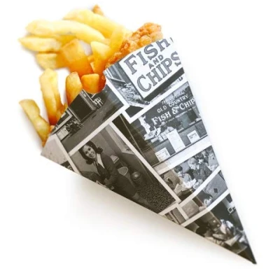 Image of chip cone PACK 50 DISPOSABLE THICK PAPER NEWSPAPER PRINT (CE230)